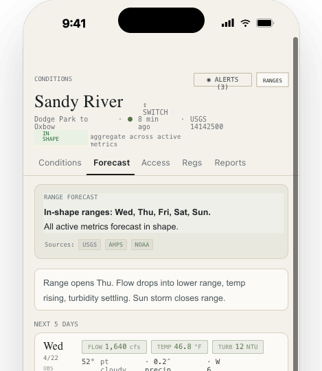Keep Fishing forecast screen showing flow, weather, tide, and source names