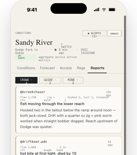 Keep Fishing reports screen showing separate field and fishing reports