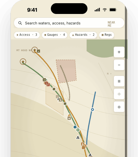 Keep Fishing map showing condition-aware water, gauge pins, access pins, and private spot logging