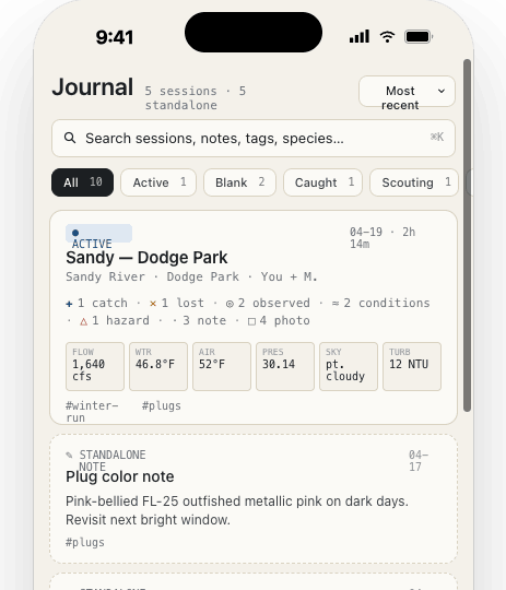 Keep Fishing Journal showing private activity history with condition snapshots