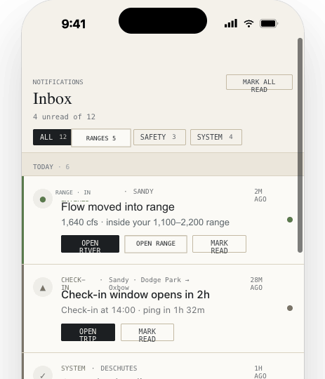 Keep Fishing notifications showing condition, safety, and system events