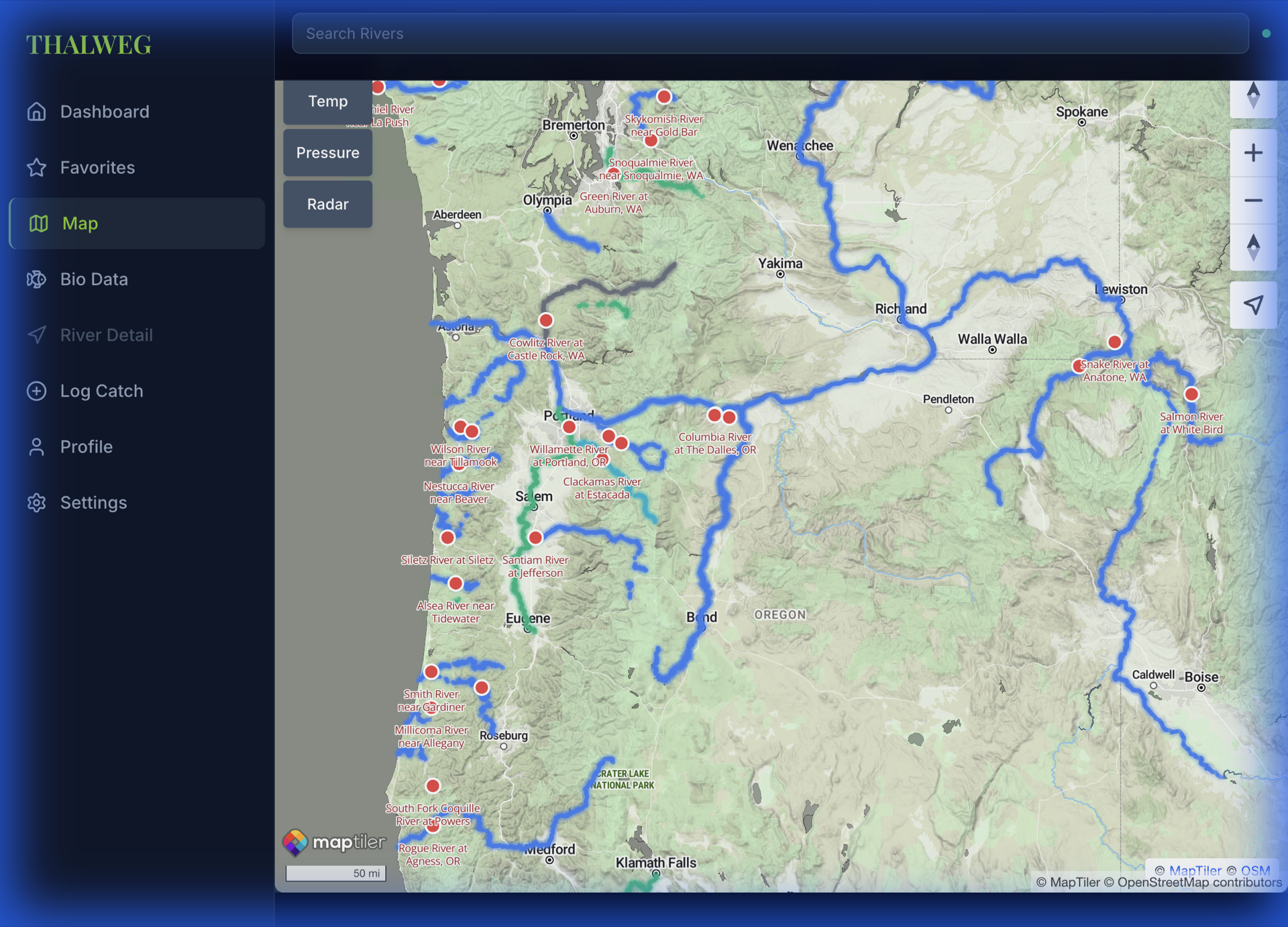 Interactive map showing river stations, waypoints, and condition overlays for trip planning