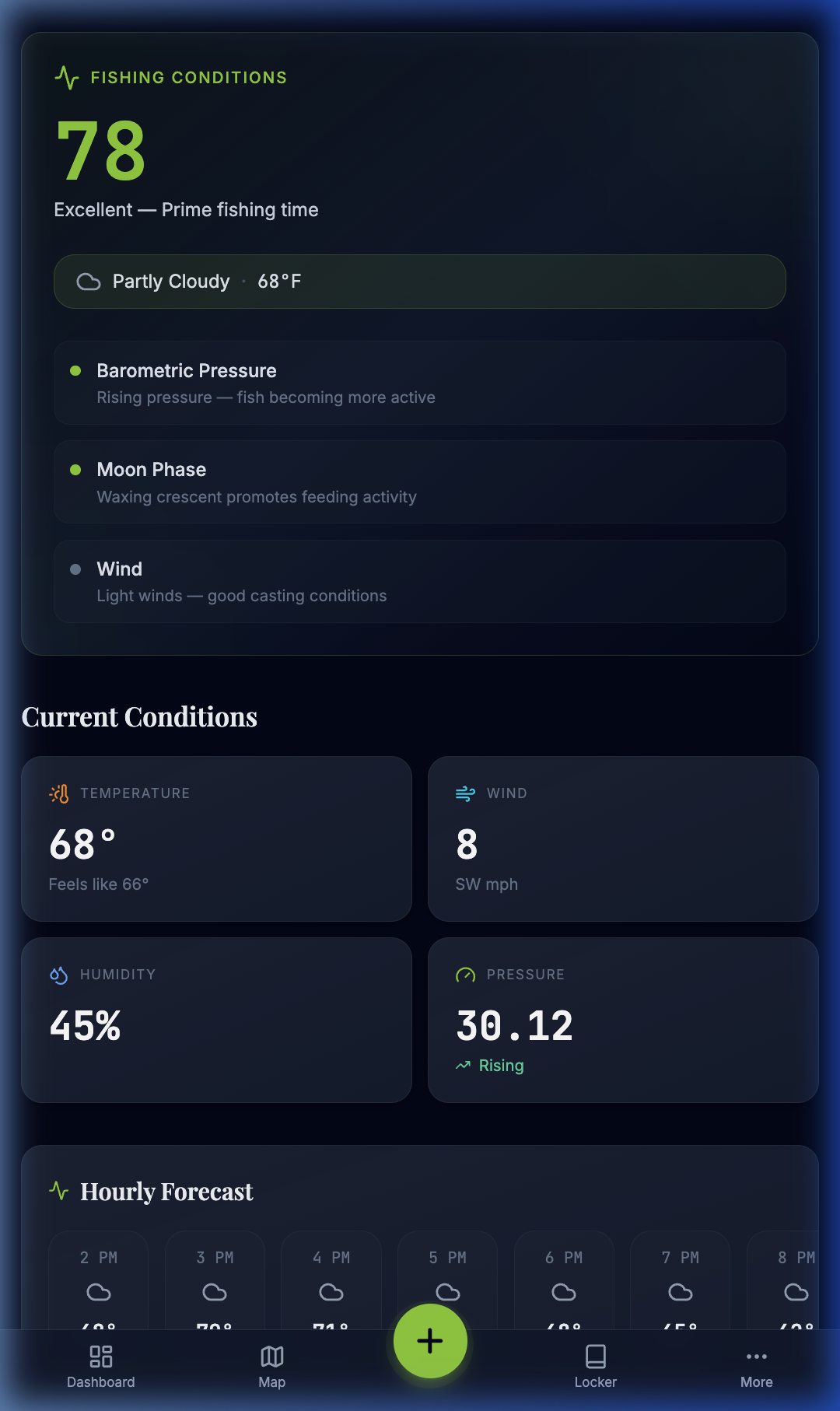 Mobile Weather Intelligence with Fishing Conditions Score, barometric pressure, wind, and hourly forecast